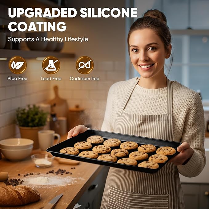 Sakerplus Nonstick Baking Sheet Pan Set of 3, Heavy Duty Cookie Sheets for Oven with Stripe Texture Pattern, 0.6mm Thick Quarter/Half/Jelly Roll Pans, Rust-Resistant & Easy Clean (Black) - Image 6