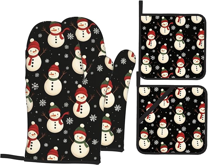 Oven Mitts and Hot Pads Set - Cute Snowman Design, Heat Resistant Cute Pot Holders for Kitchen, Baking Gifts for Women