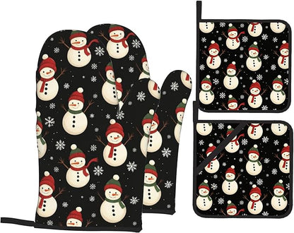 Oven Mitts and Hot Pads Set - Cute Snowman Design, Heat Resistant Cute Pot Holders for Kitchen, Baking Gifts for Women