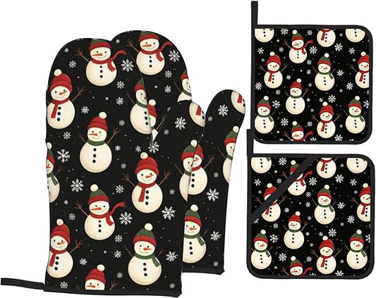 Oven Mitts and Hot Pads Set - Cute Snowman Design, Heat Resistant Cute Pot Holders for Kitchen, Baking Gifts for Women