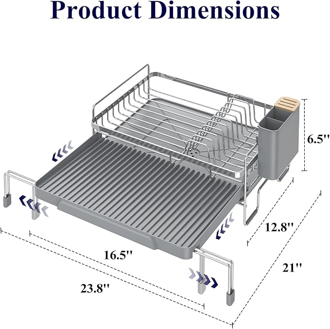 Kitsure Extendable Dish Drying Rack - Adjustable Length 12.8"–21.0", Auto-Draining Dish Rack for Kitchen Counter, Rust-Resistant Metal Frame Over-Sink Support for Plates, Bowls & Utensils, Sliver Grey - Image 2