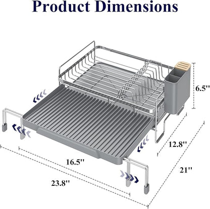 Kitsure Extendable Dish Drying Rack - Adjustable Length 12.8"–21.0", Auto-Draining Dish Rack for Kitchen Counter, Rust-Resistant Metal Frame Over-Sink Support for Plates, Bowls & Utensils, Sliver Grey - Image 2