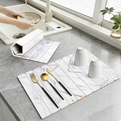 Large Stone Drying Mat for Kitchen Counter, Collapsible Stone Dish Drying Mats, Water Absorbing Diatomaceous Earth Drying Stone for Kitchen Counter, Kitchen Dish Drying Stone Mat, 24"×16" (White)