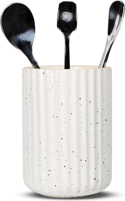 Ceramic Spoon Holder for Coffee Bar, Upright Tea Spoon Holder Cup, Coffee Stirrers Straws Stir Stick Holder, Spotted White Fluted Surface by U-TIMES