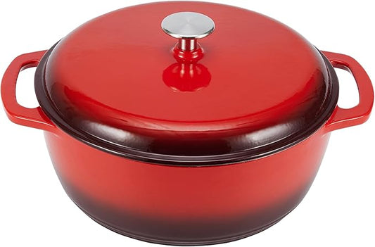 Amazon Basics Enameled Cast Iron Dutch Oven Pot with Lid, Round, Dual Handles, Heavy-Duty, Oven Safe for Roasting, Baking, Stews, 7.3-Quart, Red by AmazonBasics