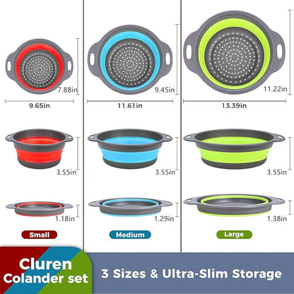 Collapsible Colander Set with Oversized Draining Tray | 3-Pack Foldable Kitchen Strainers + Base | Space Saving for Pasta, Veggies, Fruit & Rice | 5 Colors (Gray-Blue-Red-Green) - Image 3