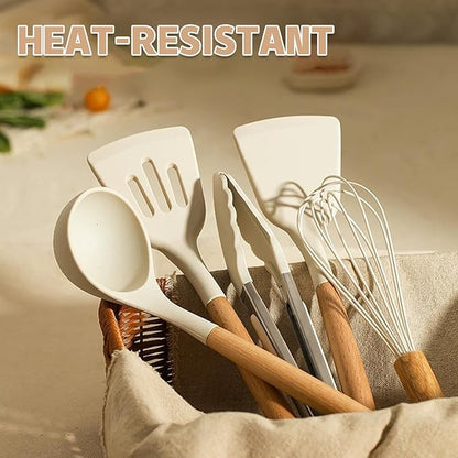 Umite Chef Kitchen Cooking Utensils Set, 33 pcs Non-stick Silicone Cooking Kitchen Utensils Spatula Set with Holder, Wooden Handle Silicone Kitchen Gadgets Utensil Set (Cream White) - Image 5