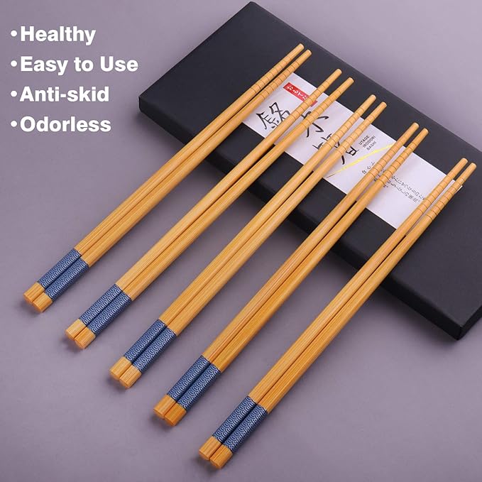 GLAMFIELDS Reusable Chopsticks Japanese Natural Bamboo Classic Style 5 Pairs Lightweight Safe Chop Sticks 8.8 Inch/22.5cm Gift Set - Image 4