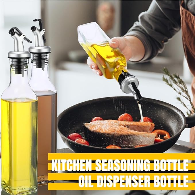 Hushee 12 Pcs Clear Glass Olive Oil Dispenser Bottles Sets Include 8oz Glass Bottle with Spout Oil Vinegar Cruet Container for Kitchen Stainless Steel Funnel Black Labels with White Pen(Silver) - Image 6