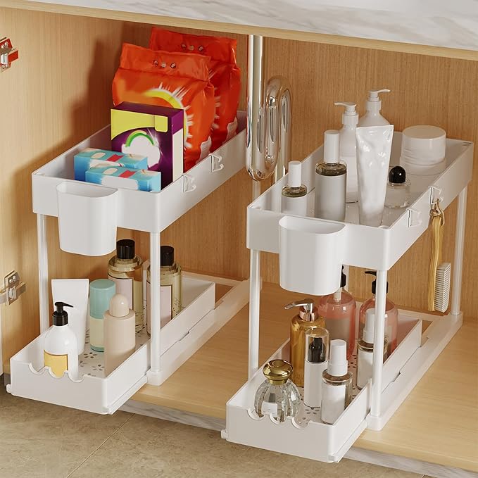 2 Pack Under Sink Organizers and Storage, 2-Tier Sliding Cabinet Organizer Drawer for Bathroom and Kitchen – Multi-Purpose Cabinet Organizer with Easy Pull-Out Design (White) - Image 3