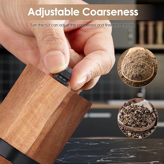 Wooden Salt and Pepper Grinder Set with Wooden Tray and Spoon, 8 Inch Manual Salt and Pepper Mill, Adjustable Coarseness, Refillable Pepper Grinder with Ceramic Core for Kitchen, Octagonal