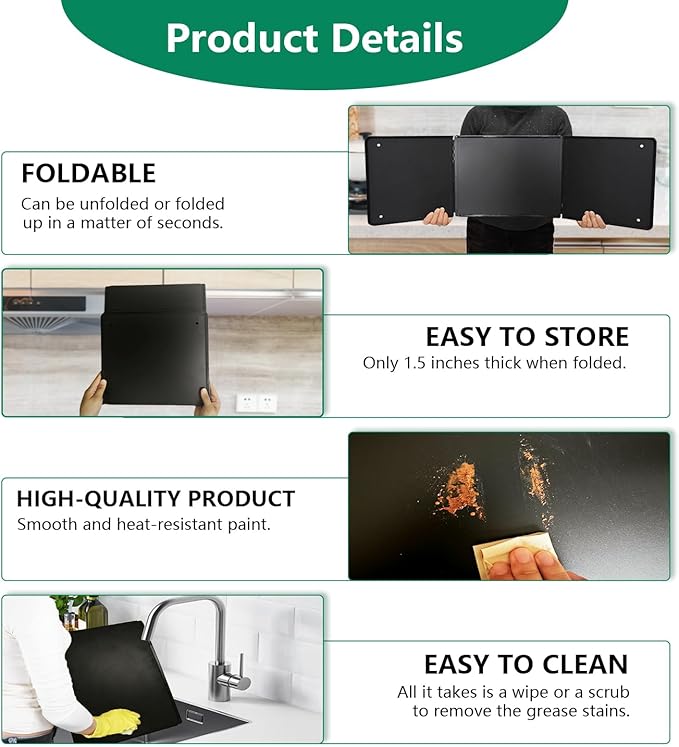 Large 3 Sided Splatter Guard for Frying Stove Top,Oil Splash Guard Cooking for Stove,Non Stick Foldable Splatter Screen for Stove Top (Black) - Image 4