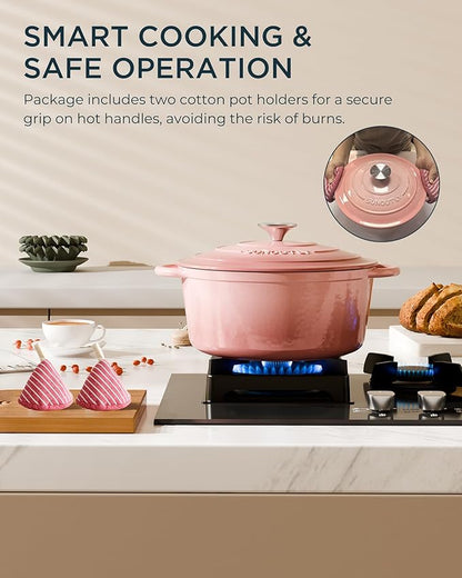 Enameled Cast Iron Dutch Oven - 6QT Dutch Oven Pot with Lid & Cotton Potholders - Heavy-Duty Non Stick Casserole Pot for Braising, Stews, Roasting, Baking, Suitable for All Stovetops, Gentle Pink - Image 7