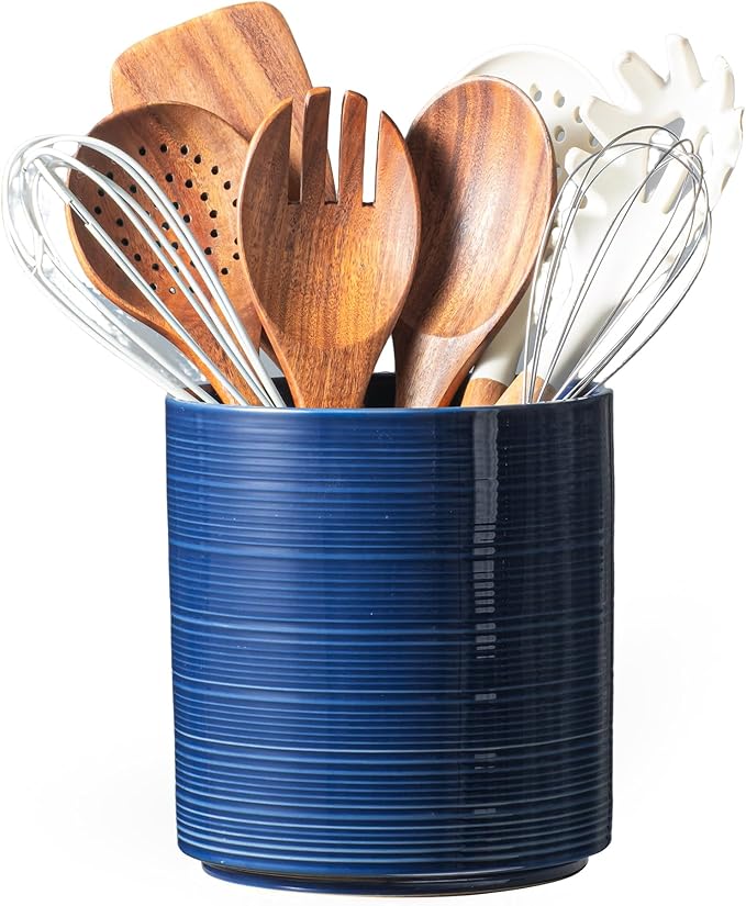 Large Utensil Holder for Kitchen Counter, 7.3” Ceramic Cooking Utensil Crocks for Spatula & Spoon, Farmhouse Kitchen Utensil Holder with Cork, Home Decor, Dark Blue
