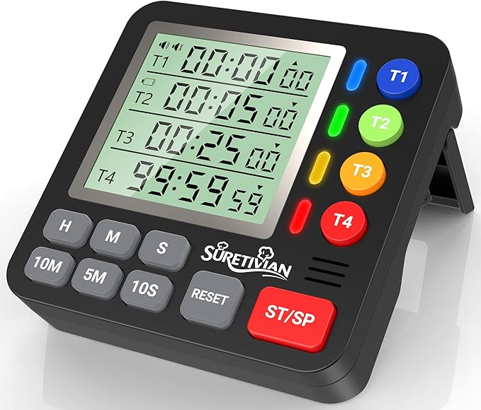 Digital Kitchen Timer for Cooking - 4 Channel Count Up Countdown Timer with Loud Alarm and Silent Mode, Large Display, Magnetic Back, Auto Memory for Classroom Study Gym, Battery Included (Black) by SURETIVIAN
