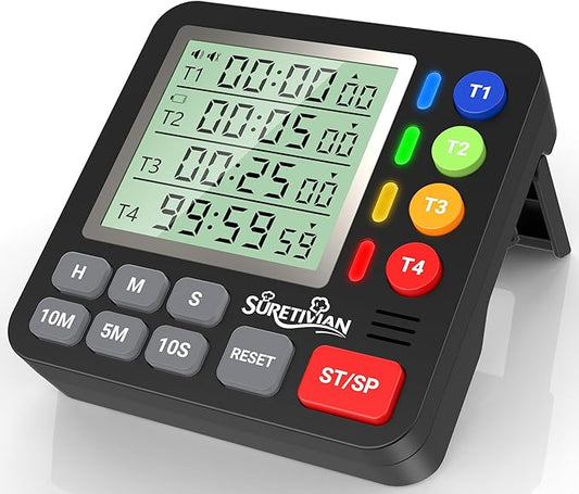Digital Kitchen Timer for Cooking - 4 Channel Count Up Countdown Timer with Loud Alarm and Silent Mode, Large Display, Magnetic Back, Auto Memory for Classroom Study Gym, Battery Included (Black) by SURETIVIAN