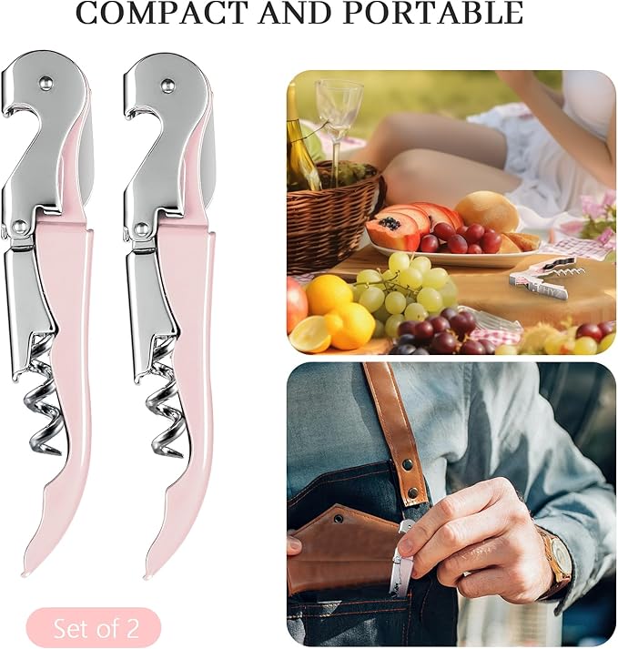 HYZ 2-Pack Wine Opener Waiter Corkscrew, Professional Wine Key for Servers, Bartender with Foil Cutter, Manual Wine Bottle Opener Double Hinged (Pink) - Image 6