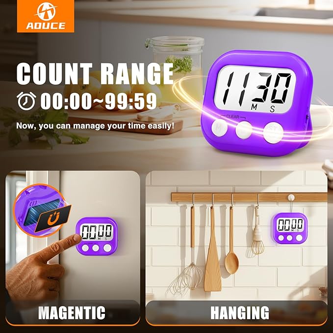 2 Pack Digital Kitchen Timer for Cooking Big Digits Loud Alarm Magnetic Backing Stand Cooking Timers for Baking Purple - Image 4