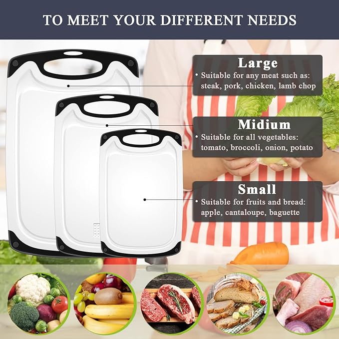 Plastic Cutting Board, 3 Pieces Dishwasher Safe Cutting Boards with Juice Grooves, Easy Grip Handle, Non-Slip, with Grinding Area for Grinding Garlic and Ginger（White） - Image 5