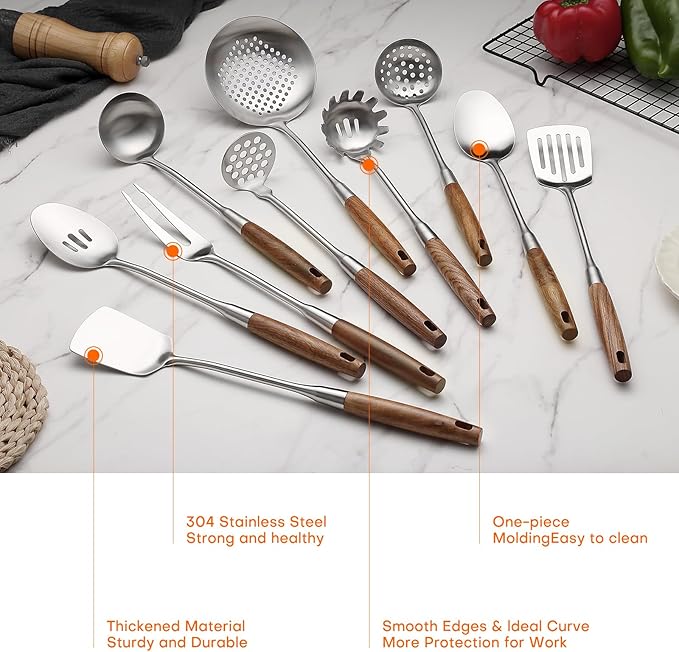 10 Pcs Cooking Utensils Set 304 Stainlss Steel Kitchen Utensils Set Heat Resistant Wooden Handle Kitchen Tools Metal Kitchen Utensil Soup Ladle Set, Dishwasher Safe - Image 3