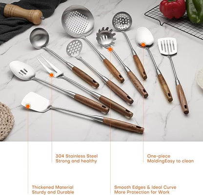10 Pcs Cooking Utensils Set 304 Stainlss Steel Kitchen Utensils Set Heat Resistant Wooden Handle Kitchen Tools Metal Kitchen Utensil Soup Ladle Set, Dishwasher Safe - Image 3