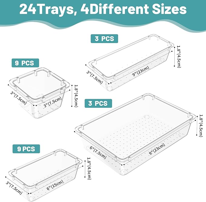 WOWBOX 24 PCS Clear Plastic Drawer Organizer Set, 4 Sizes Desk Drawer Organization and Storage Containers for Makeup, Cosmetics, Jewelry and Gadgets in Kitchen, Bathroom, Bedroom, Office, Clear - Image 3