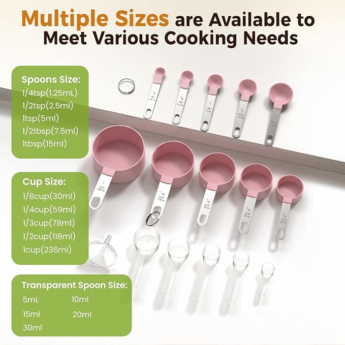 16PCS Measuring Cups and Spoons Set, Measuring Spoon Set with Metric and US Measurements, Fits for Measuring Dry and Liquid (Pink) - Image 5