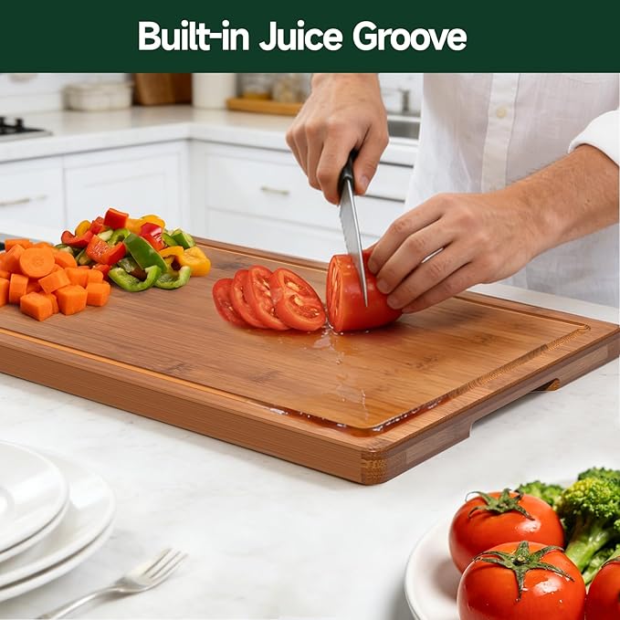 3-Piece Set Bamboo Cutting Board for Kitchen - Crack-Resistant Wood Chopping Boards with Deep Juice Grooves, Pre-Oiled Butcher Block for Meat, Vegetables & Cheese, Carbonized - Image 4