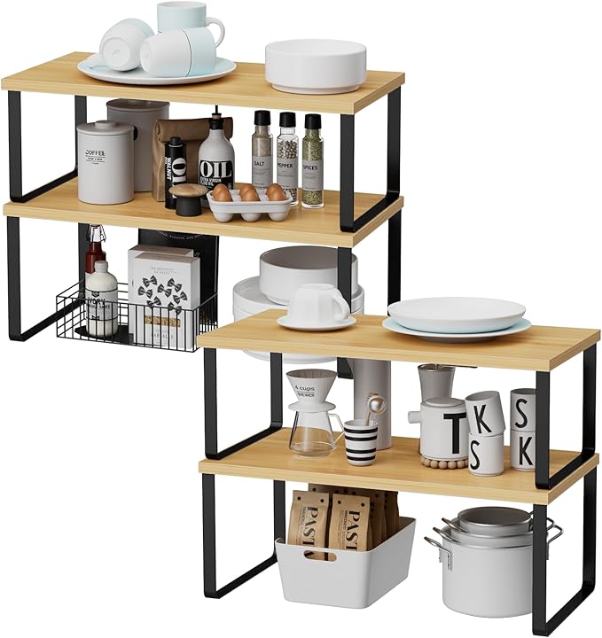OGEMXU Cabinet Shelf Organizers, 15.7 inches Large Kitchen Counter Shelf, Set of 4 Wood Kitchen Pantry Organizer, Storage Shelves for Countertop, Spice Rack, Stackable, Expandable, Metal Black, Nature - Image 3