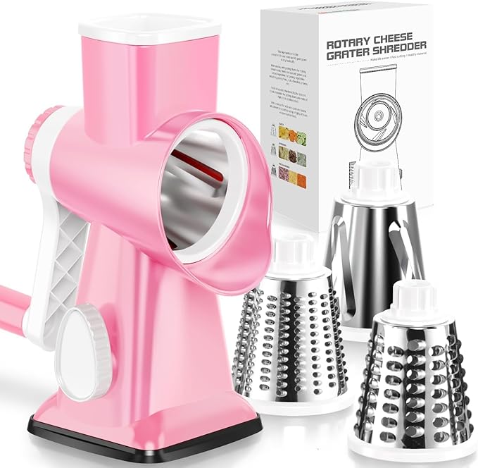 KEOUKE Rotary Cheese Grater Hand Crank Pink - Shredder Slicer Grinder 3 Stainless Steel Blades, Stable Suction, Labor-Saving Handle, Safe Kitchen Tool for Cheese, Vegetable, Nuts, Chocolate by KEOUKE
