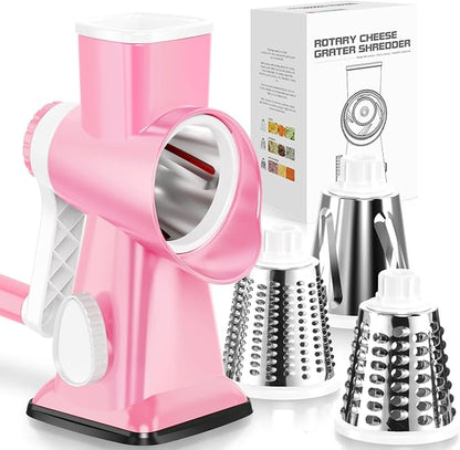 KEOUKE Rotary Cheese Grater Hand Crank Pink - Shredder Slicer Grinder 3 Stainless Steel Blades, Stable Suction, Labor-Saving Handle, Safe Kitchen Tool for Cheese, Vegetable, Nuts, Chocolate by KEOUKE