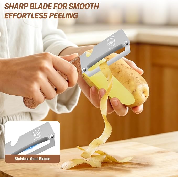 Multi-Functional Vegetable Peeler – Comfortable Wooden Handle with Sharp Stainless Steel Blade, Built-in Bottle Opener - Perfect Kitchen Peeler For Veggie, Fruit, Potato, Carrot, Apple - Image 3