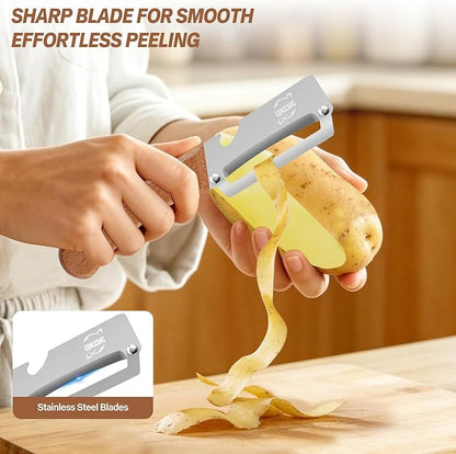 Multi-Functional Vegetable Peeler – Comfortable Wooden Handle with Sharp Stainless Steel Blade, Built-in Bottle Opener - Perfect Kitchen Peeler For Veggie, Fruit, Potato, Carrot, Apple - Image 3