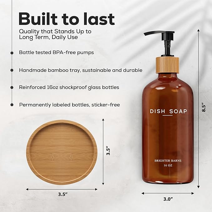 Amber Glass Dish Soap Dispenser for Kitchen Sink by Brighter Barns - Kitchen Soap Dispenser Set with Tray - Glass Bottle with Pump for Liquid - Boho Home Decor and Accessories for Restaurant (Amber) - Image 3