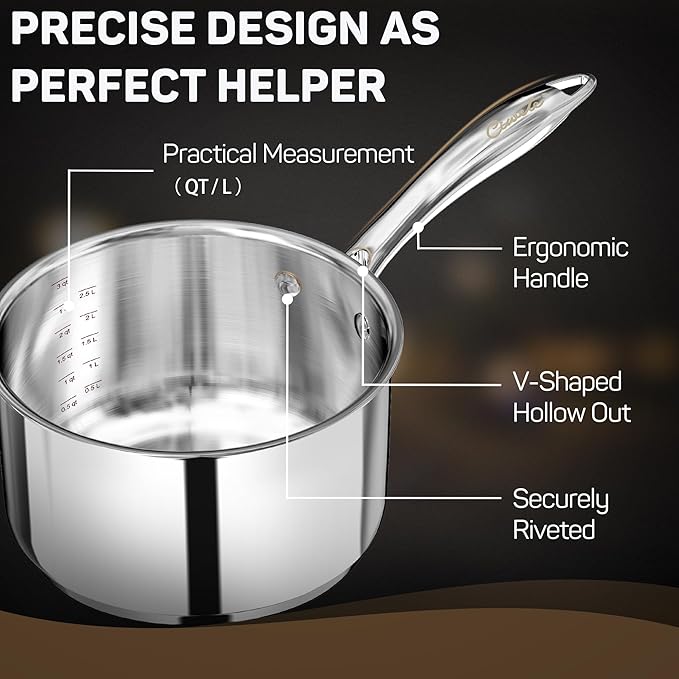 Ciwete 3 Qt Saucepan with Lid - Upgraded Package - 3 Quart 18/10 Stainless Steel Sauce Pan with Mirror Polishing and 2 Sacles, Induction Cookware, Small Pot for Cooking, Dishwasher Safe Oven Safe - Image 5