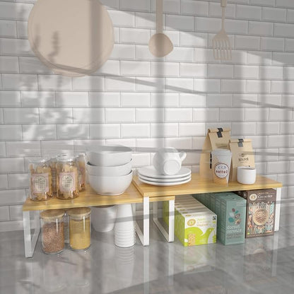 NEX Kitchen Cabinet and Counter Shelf Organizer, Stackable & Expandable, Set of 4, White and Natural - 7.7 x 15.6 x 6.2'' - Image 8