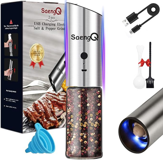 Gravity Electric Salt and Pepper Grinders refillable 1 Pack,USB Rechargeable Kitchen Electric Pepper Grinder with Light - Gravity Switch, Coarseness Adjustable Tall Glass Salt and Pepper Grinder by SaengQ