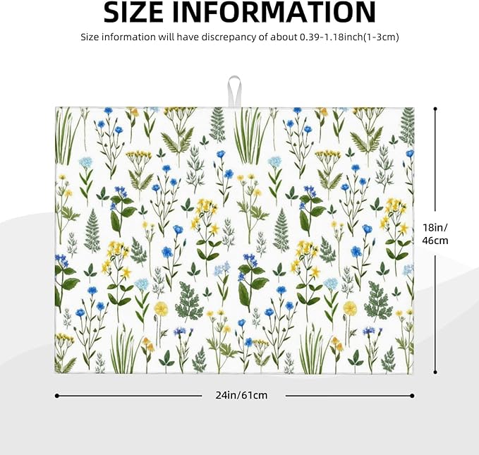 Blue Yellow Wildflower Dish Drying Mats for Kitchen Counter, Vintage Botanic Fern Leaves Floral Kitchen Drainer Pad, 18" x 24" Absorbent Microfiber Washable Reusable Dish Draining Mats, Home Decor