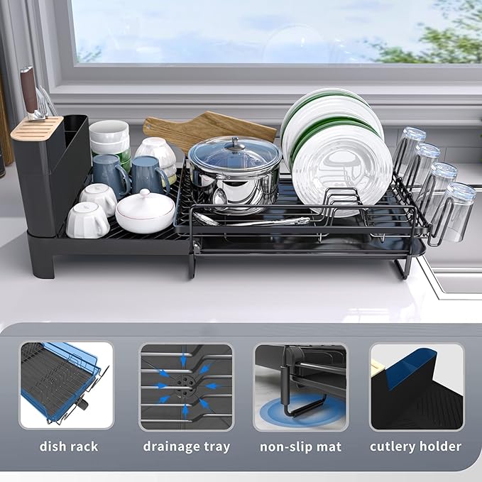 Runnatal Large Detachable Dish Rack with Drainboard Set, Dish Drying Rack Extendable Dish Rack, Utensil Holder, Cup Holder, Expandable Dish Drainer for All Kitchen Counter,20.5"-27.6" L x 12.6" W - Image 6