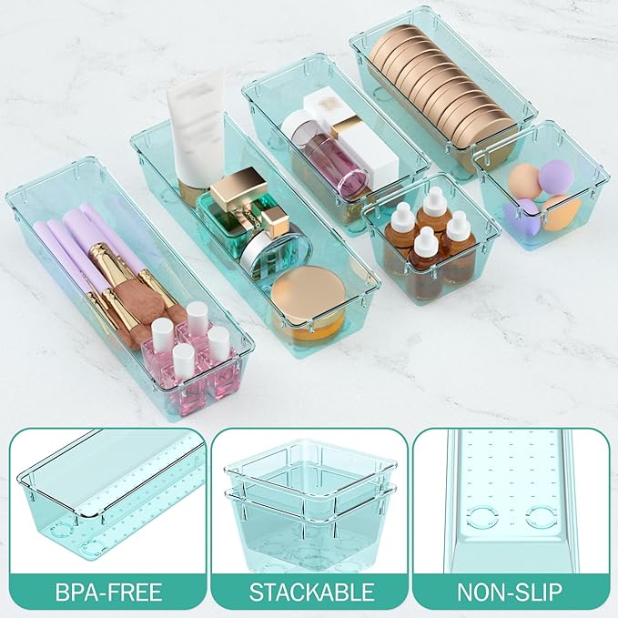 WOWBOX 9 Pack Clear Drawer Organizer Set, Acrylic Drawer Storage Trays, Storage Bins for Makeup, Cosmetics, Jewelries, Utensils, Gadgets, Office, Sea Blue - Image 3