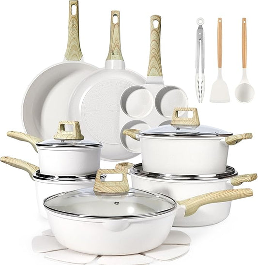 GiPP Ceramic Pots and Pans Set Non Stick - 22Pcs Nonstick Cookware Set, Non-Toxic Healthy Kitchen Cooking Set w/Frying Pans Set, Dishwasher Safe, PFAS PTFE PFOA PFOS Free, Cream White