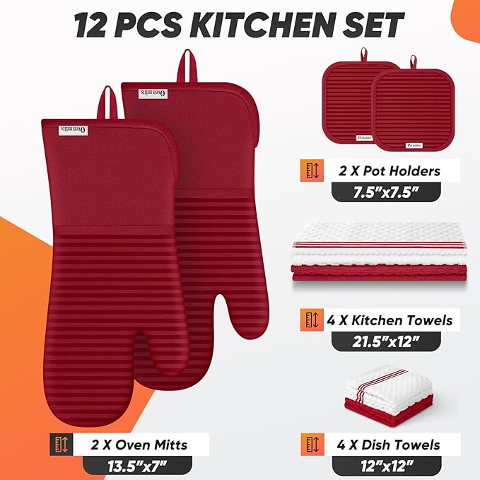 Oven Mitts Kitchen Towels and Dishcloths with Pot Holders Sets, Oven Gloves Hot Pads 500°F Heat Resistant with Silicone Grip, Include 2 Cooking Gloves/2 Potholders/4 Kitchen Towels/4 Dish Towels-Red - Image 2