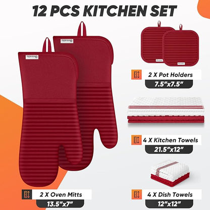 Oven Mitts Kitchen Towels and Dishcloths with Pot Holders Sets, Oven Gloves Hot Pads 500°F Heat Resistant with Silicone Grip, Include 2 Cooking Gloves/2 Potholders/4 Kitchen Towels/4 Dish Towels-Red - Image 2