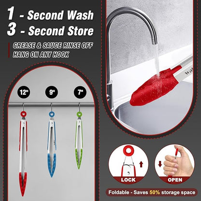 Walfos Silicone Tongs for Cooking - Heat Resistant kitchen tongs for Salad,Cooking, Grilling,Stainless Steel and BPA Free Silicone Tips set of 3 (7" 9" and 12 inch) - Image 4
