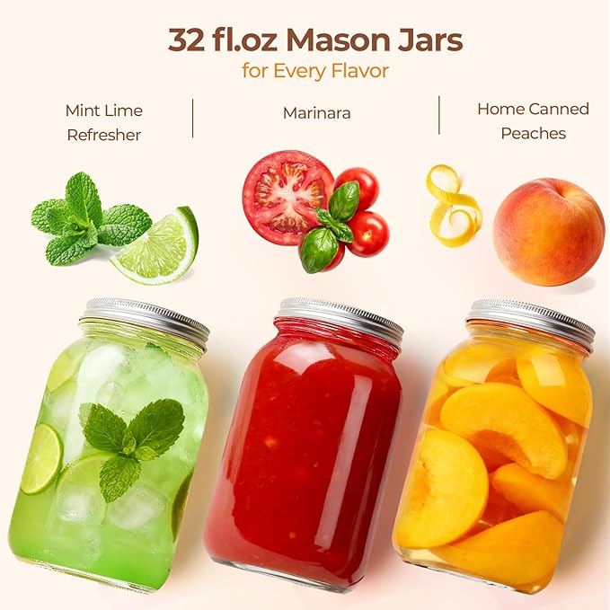 ComSaf Wide Mouth Mason Jars 32 oz with Lids 2 Pcs, Quart Mason Jars with Seal Band, Large Glass Jars, Large Canning Containers for Pickles, Jams, Sauces, Salsa, Sourdough, Salad, Suntea, Food Storage