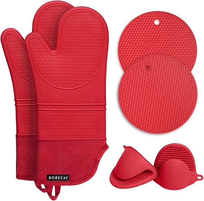 Rorecay 6pcs Oven Mitts and Pot Holders Sets for Kitchen, Extra Long Silicone Oven Gloves Heat Resistant 500 Degrees Non-Slip Potholders Hot Pads for Baking Cooking, Quilted Liner, Red by Rorecay