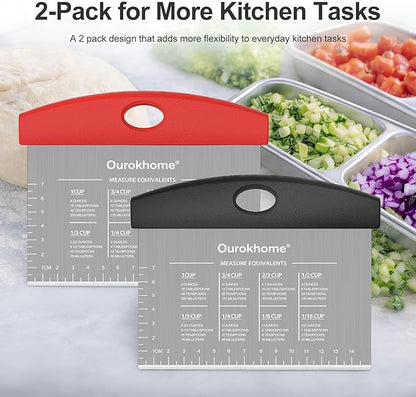 Ourokhome 2 Pack Bench Scraper Dough Cutter, Stainless Steel Dough Scraper with Laser-Etched Scale, Conversion Chart, Non-Slip Handle, Dishwasher Safe for Bread & Pastry, Black and Red - Image 6