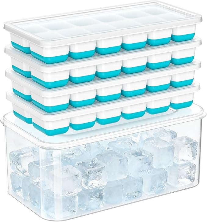 NFK Ice Cube Tray with Lid & Bin - 4 Pack 48 Cubes Stackable Silicone Trays for Freezer with Storage Container, Leak-Proof Lids, BPA-Free, Easy Release for Kitchen, RV, Party, Cocktail & Coffee by Cusbus
