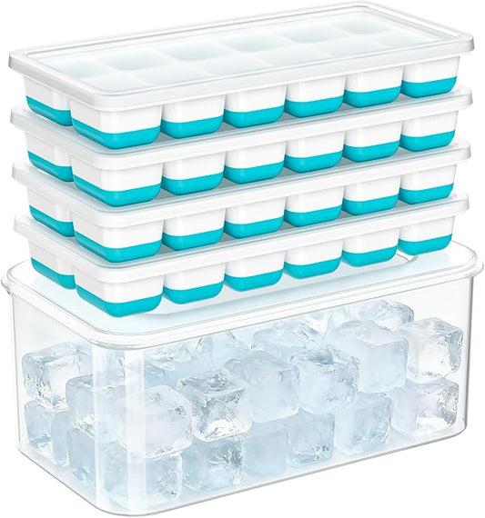 NFK Ice Cube Tray with Lid & Bin - 4 Pack 48 Cubes Stackable Silicone Trays for Freezer with Storage Container, Leak-Proof Lids, BPA-Free, Easy Release for Kitchen, RV, Party, Cocktail & Coffee by Cusbus