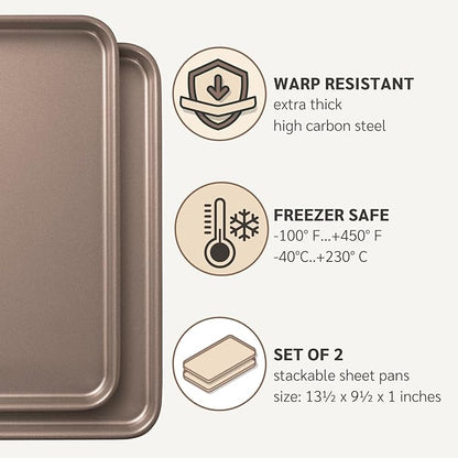 HAPPIELS 9 x 13-Inch Nonstick Quarter Sheet Pan Set of 2 | Non-Toxic, Rimmed Baking Sheet Set | Premium Quality Non-Stick Cookie Sheets for Baking | Small Sheet Pan Trays